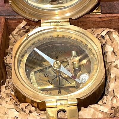 Lot 133 Brass Compass In Wooden Box Natural Sine 5" Across Nautical Sailing