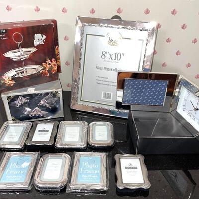 Lot 136 Group Silverplate Gift Items Picture Frames Clock 2 Tier Server