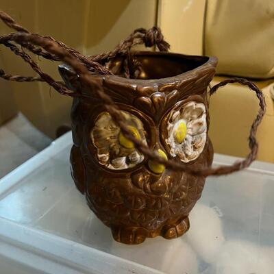 Mid Century Owl hanging plant holder, ceramic