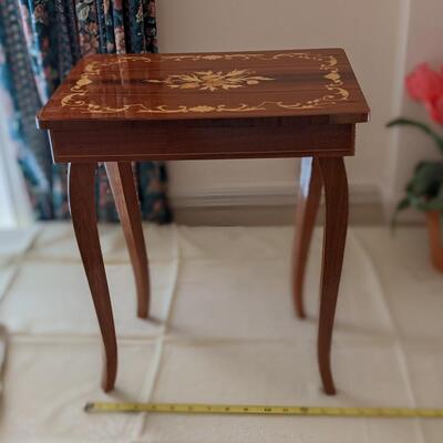 Beautiful Inlaid Wooden Music Box and Storage End Table, works