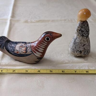 Vintage Mexican Tonala Pottery Bird and Folk Art Carved Marble Stone Young Girl Russia
