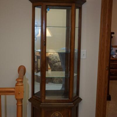 LIGHTED TALL CURIO CABINET WITH INLAY OF FLORALS ON THE LOWER CABINET