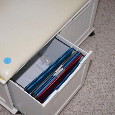 VINYL TOP STORAGE BENCH THAT HAS TWO FILE DRAWERS