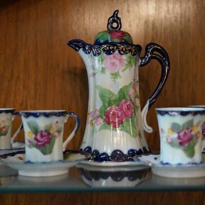 EARLY 1910-1920'S HAND PAINTED HOT CHOCOLATE SET HC POT WITH SIX CUPS AND SAUCERS /COBALT BLUE DECORATED