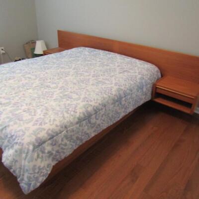Mid-Century Design Queen Size Bed with Double Cabinet Headboard