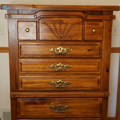 FIVE DRAWER DARK PINE QUALITY HIGHBOY DRESSER/ PART OF A FIVE PIECE BEDROOM SET SELLING SEPERATLY