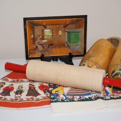 SCANDINAVIAN DECORATIBE LEFSE ROLLING PIN /DIORAMA OF INTERIOR ROOM WALL HANGER/ WOODEN SHOES AND TABLE LINEN DOLIES
