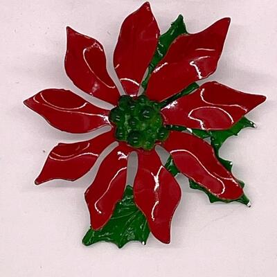 Vintage Red & Green Poinsettia Brooch Pin