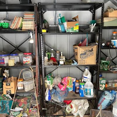 LOT 156  PLANT NURSERY SUNSHADE WOOD & BLOCK SHELVES PLUS CONTENTS OF GARDEN SHED