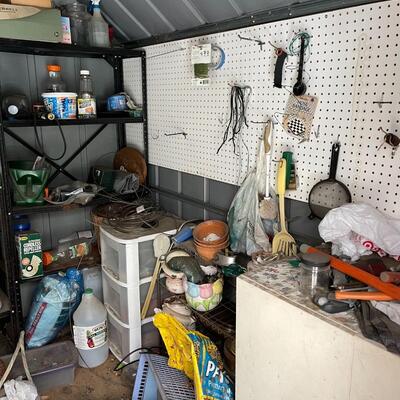 LOT 156  PLANT NURSERY SUNSHADE WOOD & BLOCK SHELVES PLUS CONTENTS OF GARDEN SHED