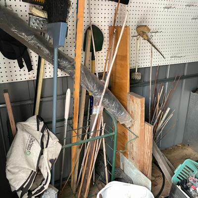 LOT 156  PLANT NURSERY SUNSHADE WOOD & BLOCK SHELVES PLUS CONTENTS OF GARDEN SHED