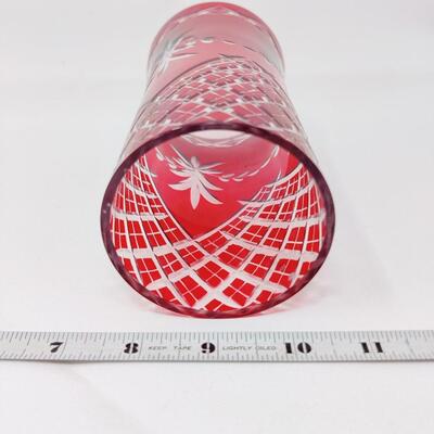 VINTAGE BOHEMIAN BURGUNDY CUT GLASS CANDLE CHIMNEY