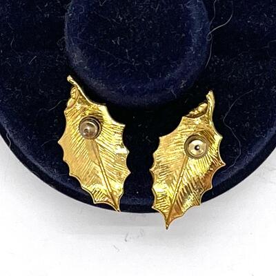 Pair of Enameled Gold Tone Holly Leaf Earrings