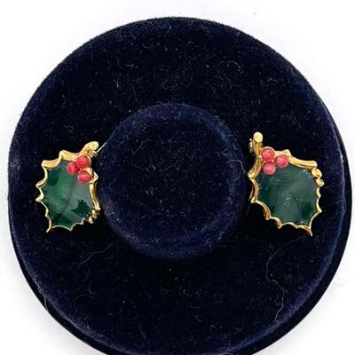 Pair of Enameled Gold Tone Holly Leaf Earrings