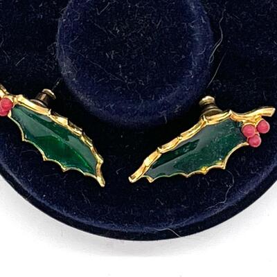 Pair of Enameled Gold Tone Holly Leaf Earrings