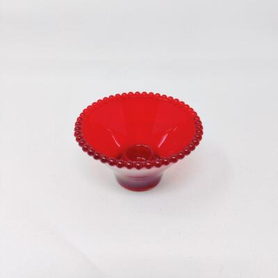 VINTAGE RED HOBNAIL GLASS CANDLE HOLDER W/ BALL TRIM