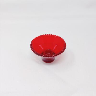 VINTAGE RED HOBNAIL GLASS CANDLE HOLDER W/ BALL TRIM
