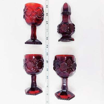 AVON CAPE COD RUBY RED GOBLETS AND COLOGNE SHAKER