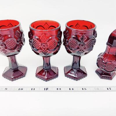 AVON CAPE COD RUBY RED GOBLETS AND COLOGNE SHAKER