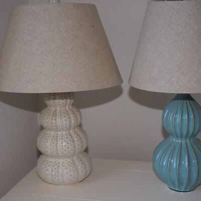 PAIR OF CONTEMPORARY CERAMIC LAMPS TEAL BLUE AND ONE IS WHITE