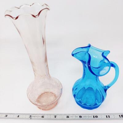 PRETTY BLUE PITCHER AND PINK BLUSH CRACKLE VASE