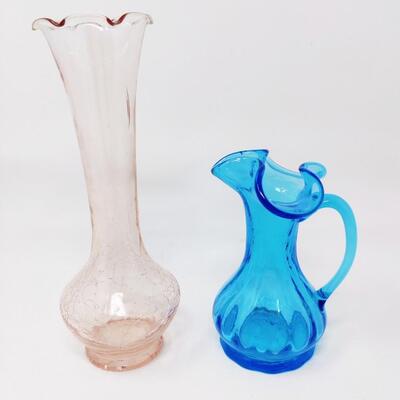 PRETTY BLUE PITCHER AND PINK BLUSH CRACKLE VASE