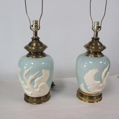 Ceramic Blue and White Lamps with Herons in Relief