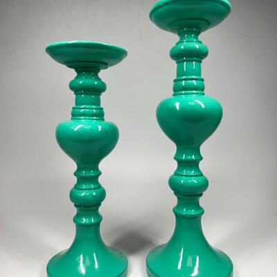 Matching Pair of Mint Green Candle Stick Holders Pillars
