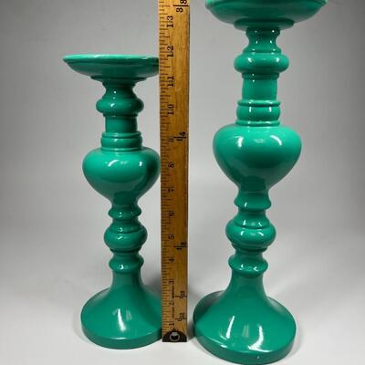 Matching Pair of Mint Green Candle Stick Holders Pillars