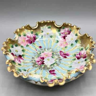Vintage Antique Gold Gilt Edge Floral Porcelain Footed Serving Bowl