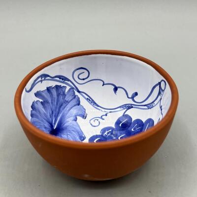 Hand Painted Small Terra Cotta Bowl Blue Grapevine Pattern Portugal