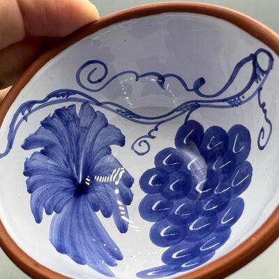 Hand Painted Small Terra Cotta Bowl Blue Grapevine Pattern Portugal