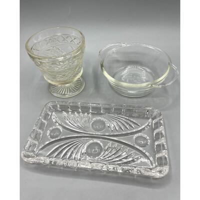 Lot of Miscellaneous Retro Pressed Glass Goblet, Trinket Tray, & More
