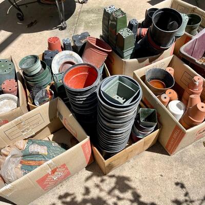 LOT 168  LOTS OF POTS! BOXES OF TERRA COTTA & PLASTIC PLANT CINTAINERS