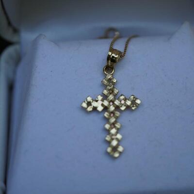 10kt GOLD DELICATE CROSS AND CHAIN , BOTH MARKED 10KT