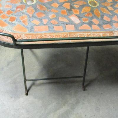 Vintage Wrought Iron Frame Folding Patio Table with Concrete and Tile Mosaic Surface