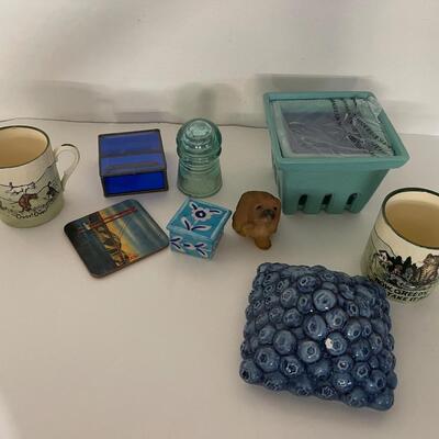 Lot of Random items, Blueberry Candle, Trinket Boxes, Mugs, Figurine