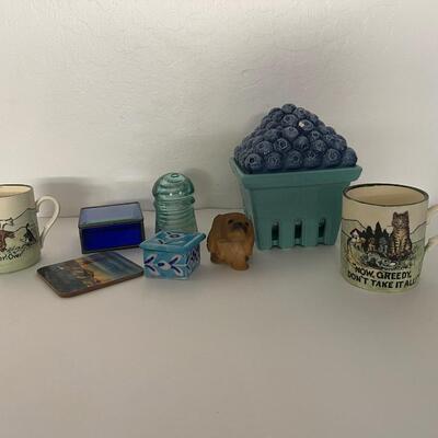 Lot of Random items, Blueberry Candle, Trinket Boxes, Mugs, Figurine