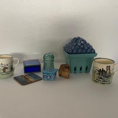 Lot of Random items, Blueberry Candle, Trinket Boxes, Mugs, Figurine