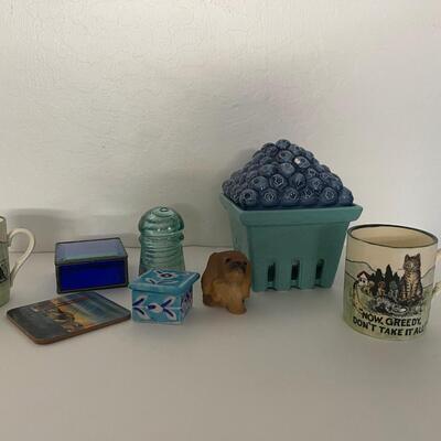Lot of Random items, Blueberry Candle, Trinket Boxes, Mugs, Figurine