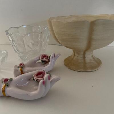 Lot of Random items, case, glass hands, Shell trinket holder, Glass heart bowl