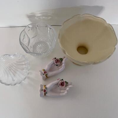 Lot of Random items, case, glass hands, Shell trinket holder, Glass heart bowl