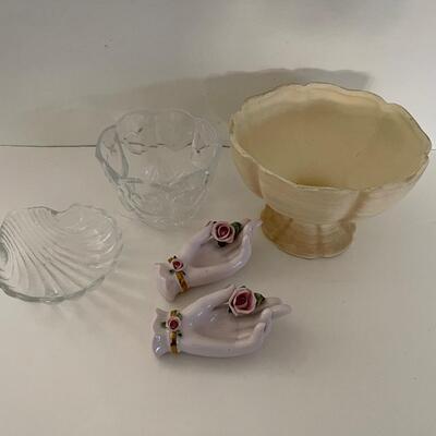 Lot of Random items, case, glass hands, Shell trinket holder, Glass heart bowl
