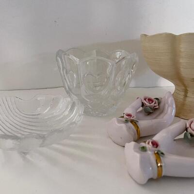 Lot of Random items, case, glass hands, Shell trinket holder, Glass heart bowl