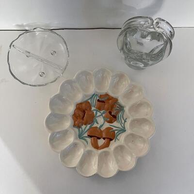 Arnel Mushroom Deviled Egg Holder, Glass Basket and trinket holder