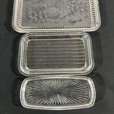 Vintage Glass Butter Dishes, lids, juicer