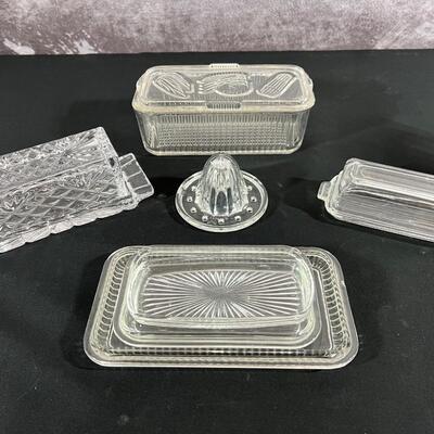 Vintage Glass Butter Dishes, lids, juicer