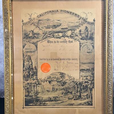 Framed, "California Pioneers Document" 22"x28"