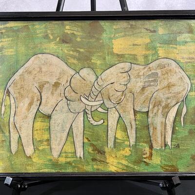 Framed African Tapestry with 2 Elephants 16.5"x25"