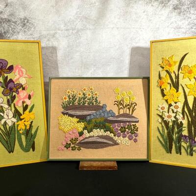 3 Framed 70's Ebrombroder Flowers, 1 @ 18"x22" & 2 @ 12"x26"